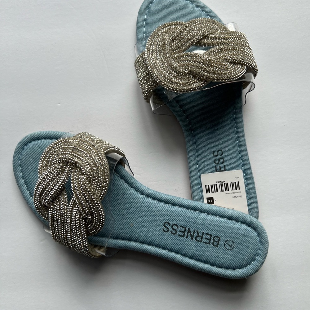 Blue denim sandals with rhinestones